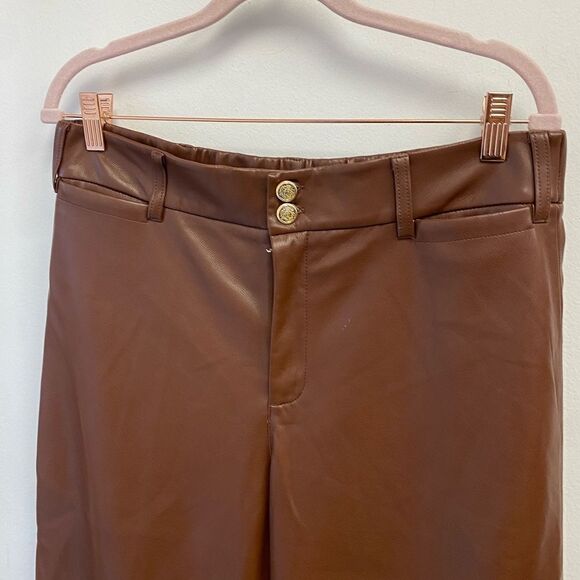 Chicos‎ Cambridge Brown Fly Front Faux Leather Wide Crop Pants sz 8 - Picture 3 of 5